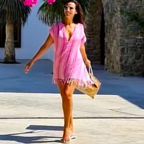 Zara Fringe Rustic Caftan Swim Cover Up pink & white stripes S/M NWT - Picture 12 of 14